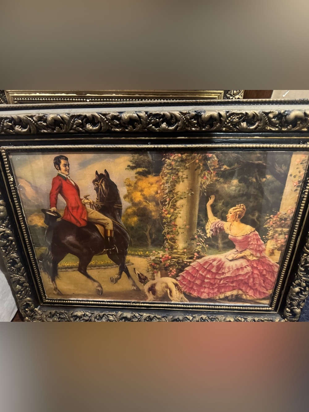 Romantic Vintage-Framed Print Painting , Lady in Pink Gown with Horse 1950